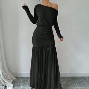 Black Elegant Women's Asymmetrical Neck long sleeved maxi Dress